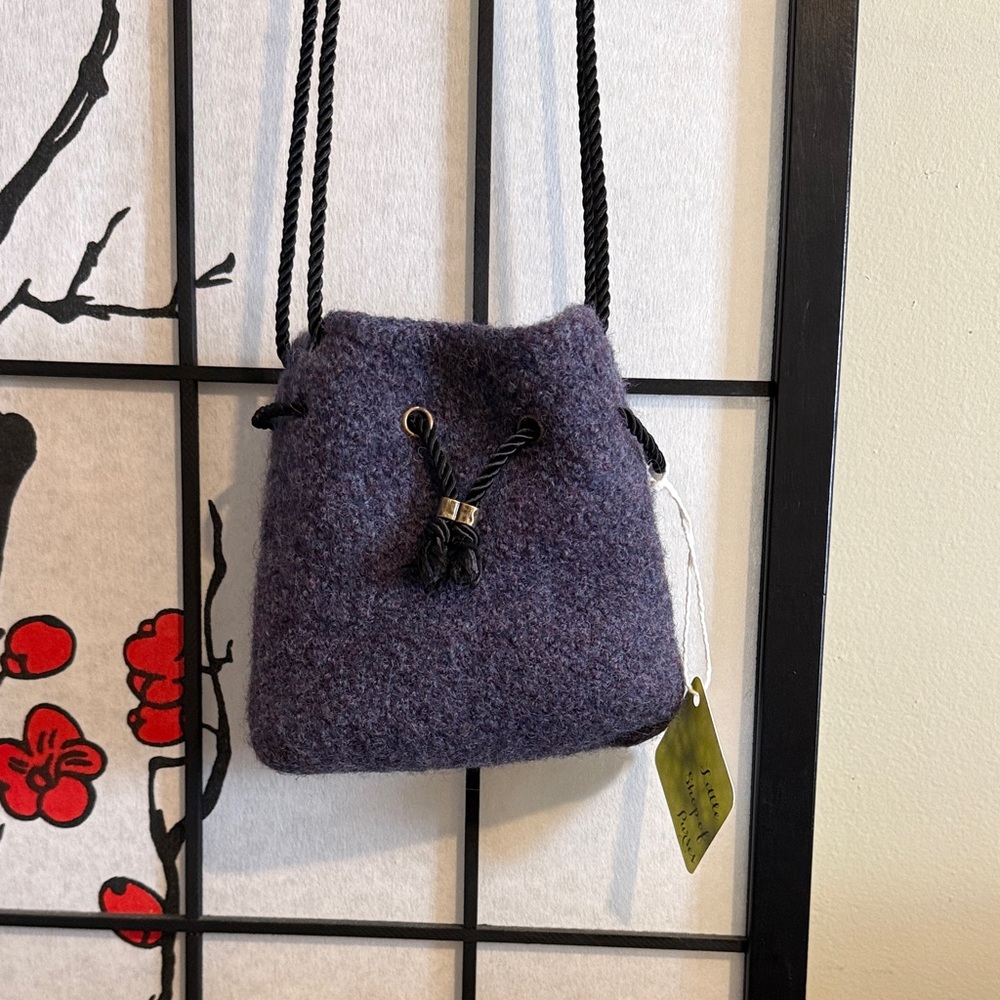 NWT Hand Knit Boiled Wool Drawstring Crossbody Bag in Deep Heather Purple